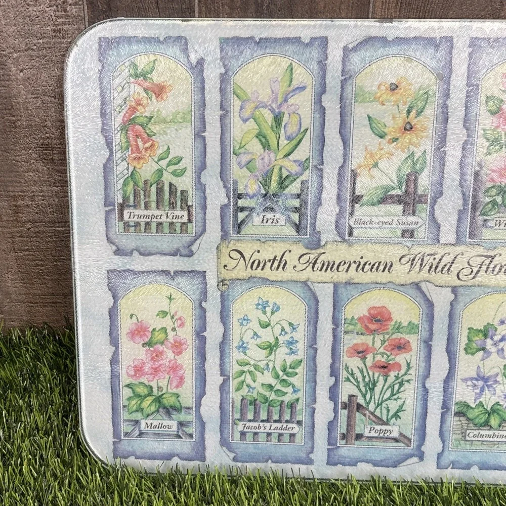 Vintage‎ North American Wildflowers Glass Cutting Board Floral Botanical
